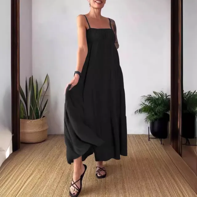 Women's Solid Color Casual Chest Wrap Pleated Suspender Dress Black - Shop at LoveMi