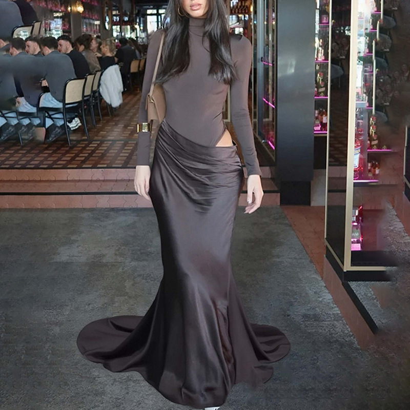 Women's Crew neck Long sleeve Solid color Dress Brown - Shop at LoveMi