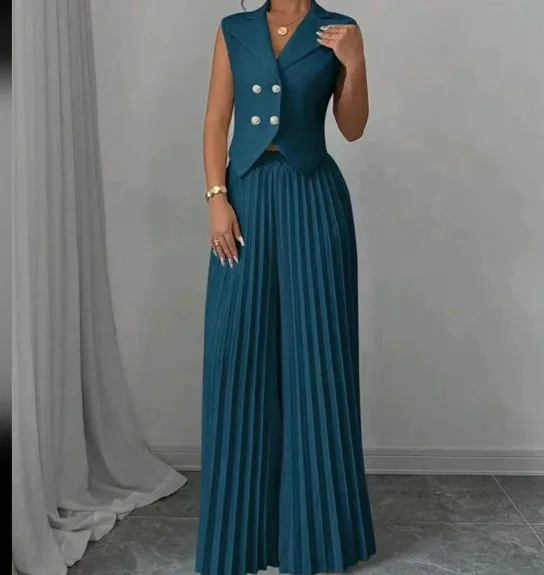 Summer Sleeveless Suit Fashion Lapel Button Vest Top And Pleated Straight Pants Women's Trousers Set Clothing Peacock Green - Shop at LoveMi