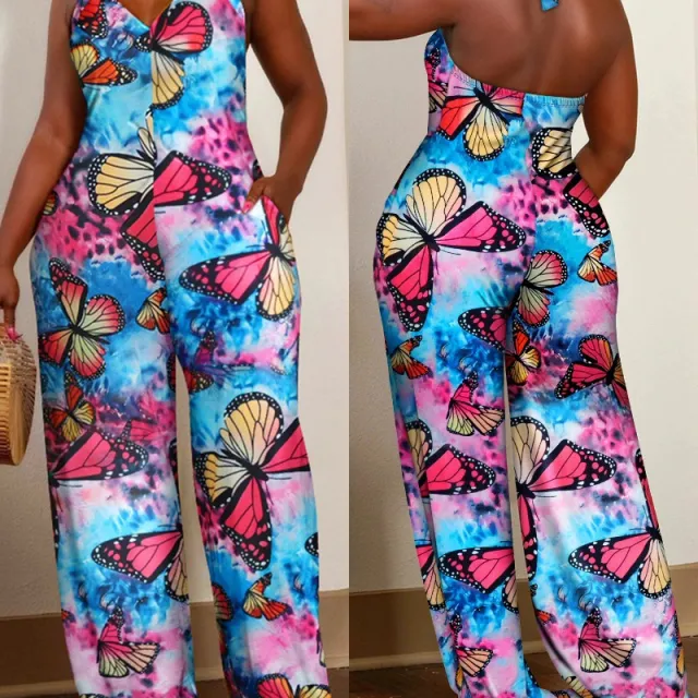 Foreign Trade Printing Halter Lace up One piece Pant Belt Pocket Odf2305A3 - Shop at LoveMi