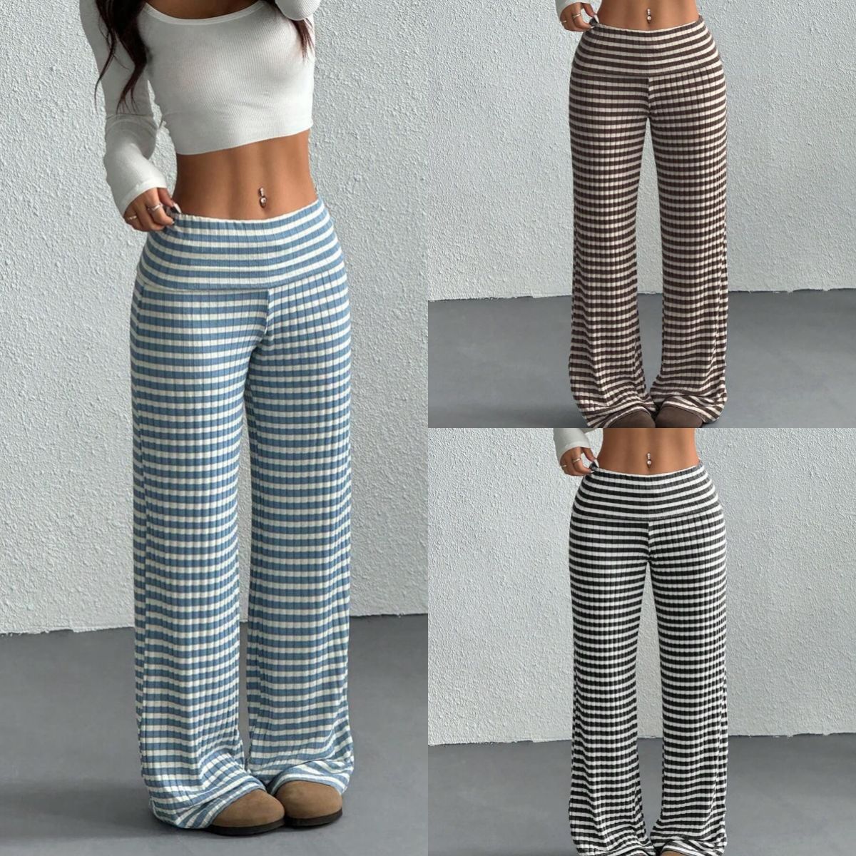 Womens Striped Straight-leg Loose Casual Versatile Trousers