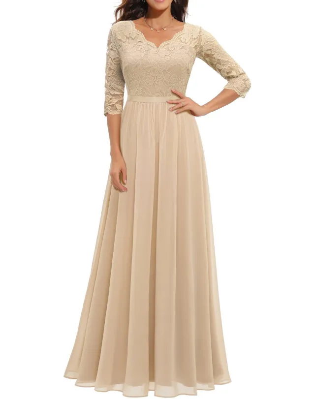 Lace Long Patchwork Waist Dress Champagne Three Quarter Sleeve - Shop at LoveMi