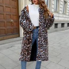 New Over-the-knee Leopard Print Thickened Temperament Plush Coat - Brown Leopard Printed - View 1