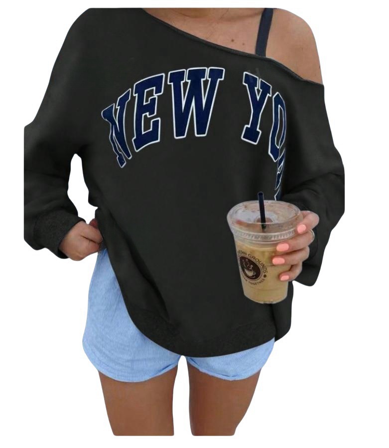 Women's Simple Letter Print Off shoulder Long Sleeve Sweater Black - Shop at LoveMi