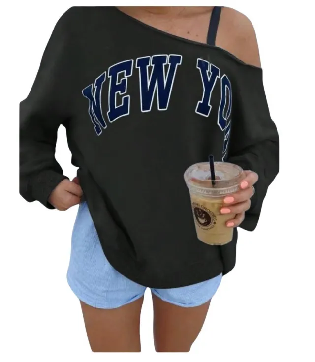 Women's Simple Letter Print Off shoulder Long Sleeve Sweater Black - Shop at LoveMi