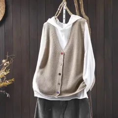 Spring And Autumn Outer Wear Solid Colour And V-neck Colour Buckle Knitted Cardigan Vest Vest For Women - Light Khaki - View 1