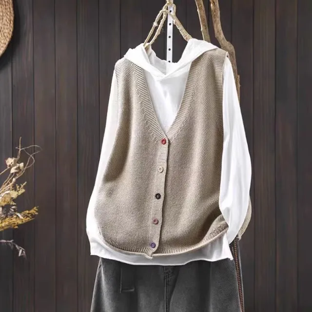 Spring And Autumn Outer Wear Solid Color And V neck Color Buckle Knitted Cardigan Vest Vest For Women Light Khaki - Shop at LoveMi