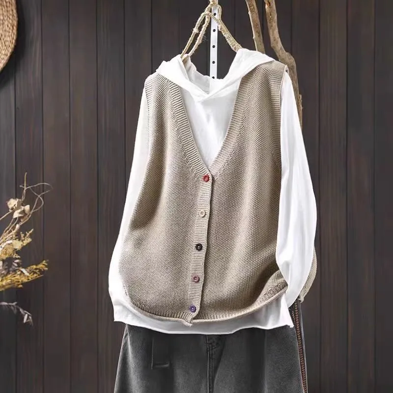 Spring And Autumn Outer Wear Solid Colour And V-neck Colour Buckle Knitted Cardigan Vest Vest For Women - Light Khaki