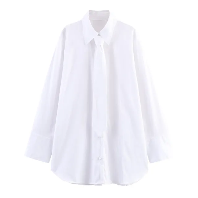Women's Fashion Casual Loose Tie Decorated Poplin Shirt White - Shop at LoveMi