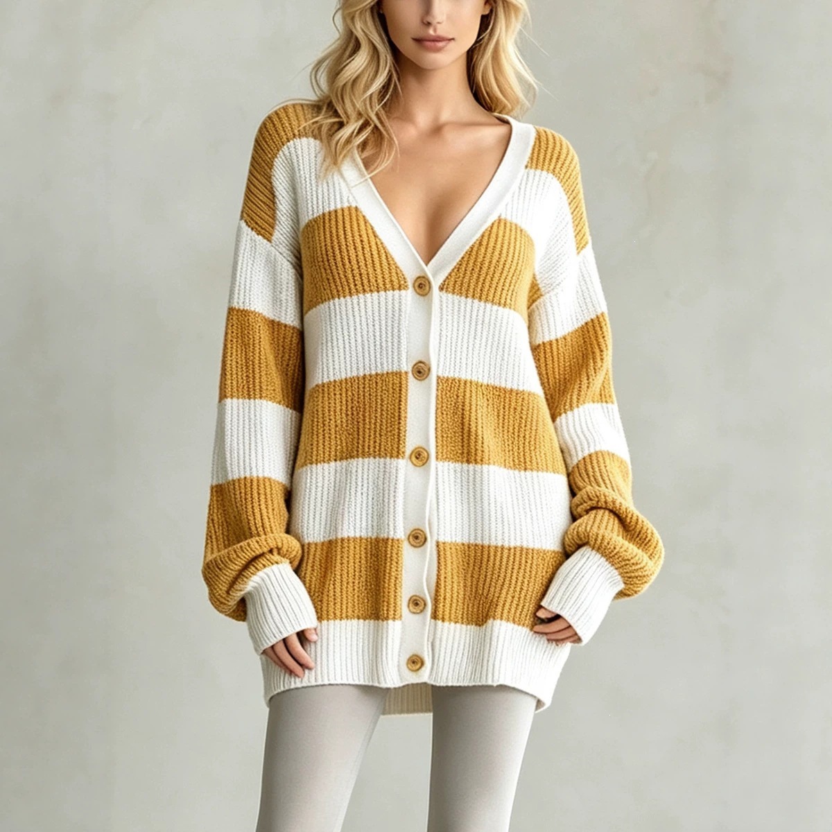 Women's Striped Knit Long-sleeve Cardigan Sweater Coat