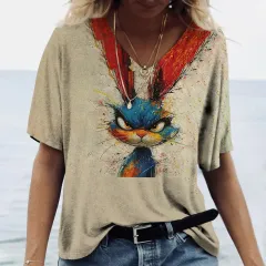 Ladies' V-neck T-shirt 3d Printing Animated Rabbit Short Sleeve - Hx240623R5 - View 1