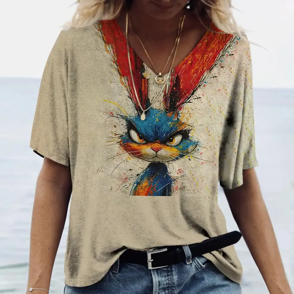 Ladies' V-neck T-shirt 3d Printing Animated Rabbit Short Sleeve - Hx240623R5