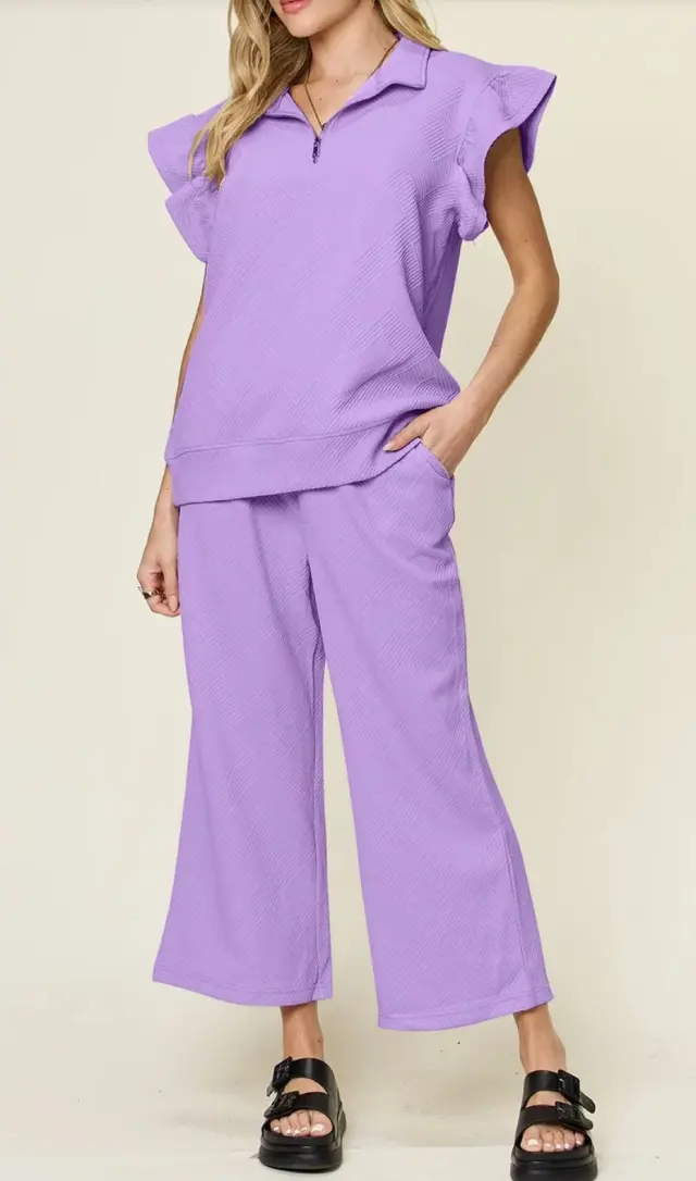 Women's Half Zip Short Sleeve Top Waist Strap Stretch Waist Pocket Shorts Lavender - Shop at LoveMi