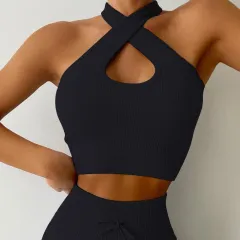 Drawstring Cross Sports Bra Vest For Women - Black - View 1