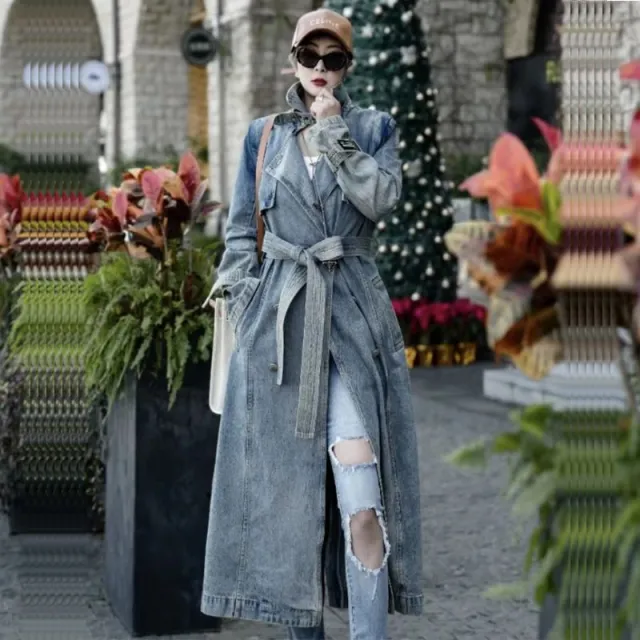 Personality Retro Long Denim Trench Coat Light Blue - Shop at LoveMi