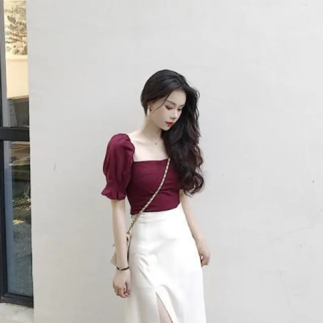 Court Style Square Collar Top High Waist Side Slit Skirt For Women Wine - Shop at LoveMi