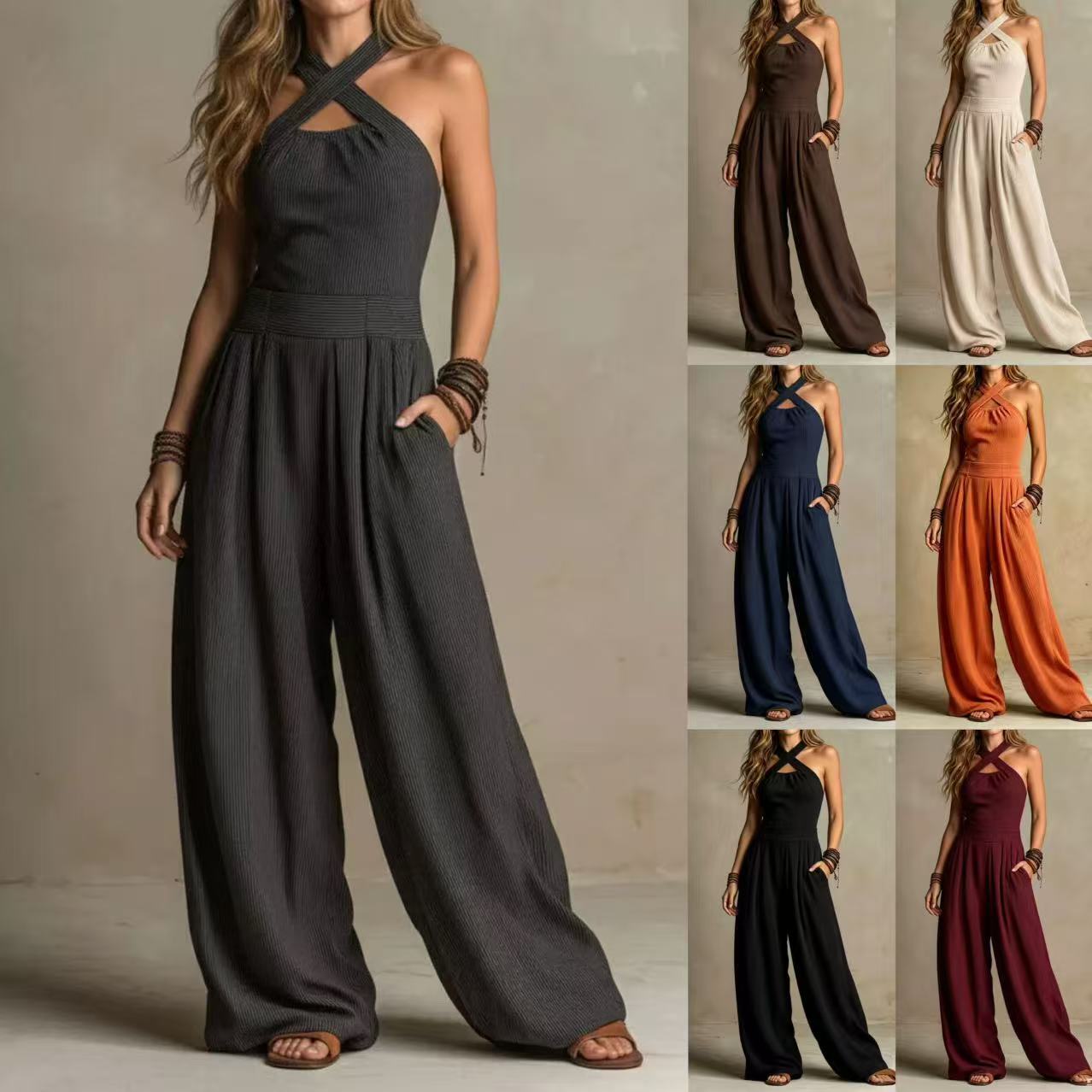 Womens Cross-Neck Hollowed Jumpsuit, Knitted Flowy Loose Wide-Leg Jumpsuit