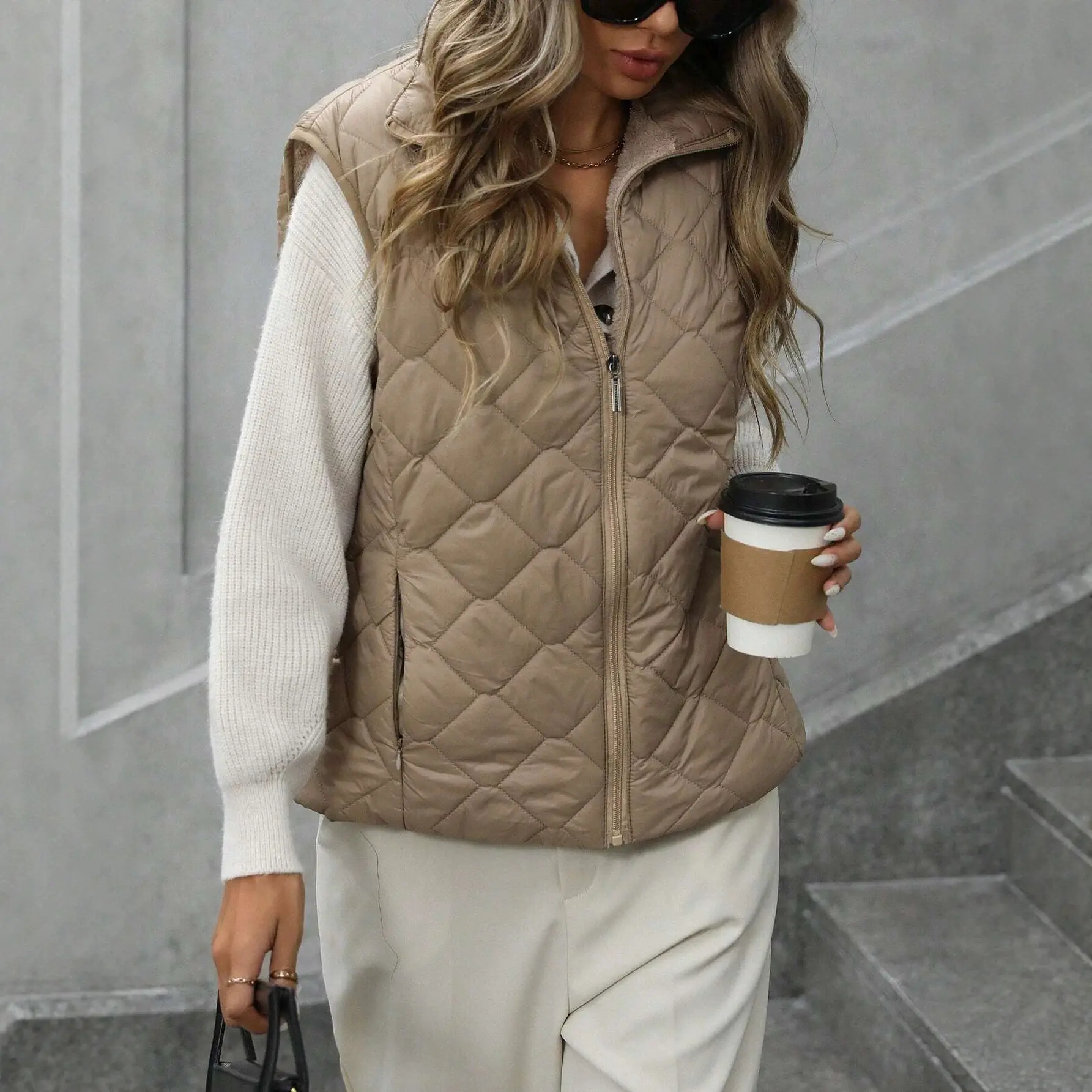 Womens Zippered Vest With Stand Collar Sleeveless