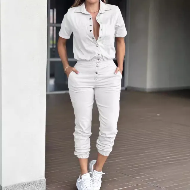 Women's Ankle tied Lapel Pocket Waist Elastic Button Jumpsuit White - Shop at LoveMi