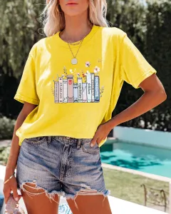 Summer New Book Flower T-shirt Cute Fashion Round Neck Pullover - Yellow - View 1