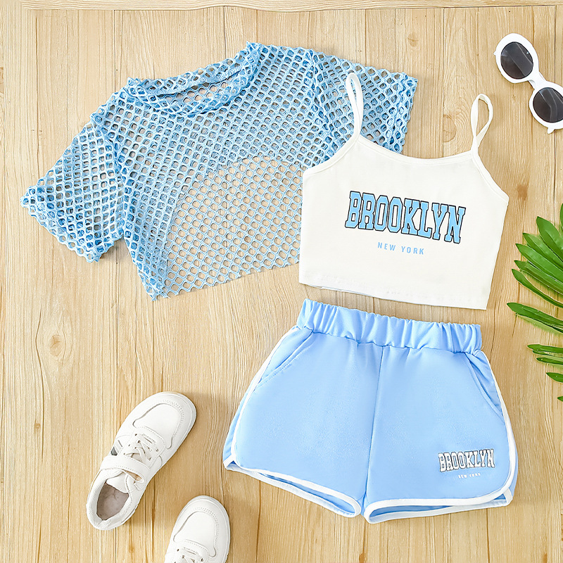 Summer New Mesh Shirt Short-Sleeve Top Pullover Three-Piece Set