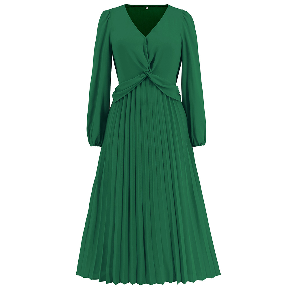 Women's Long Sleeve V-neck Slim-fit Pleated Dress