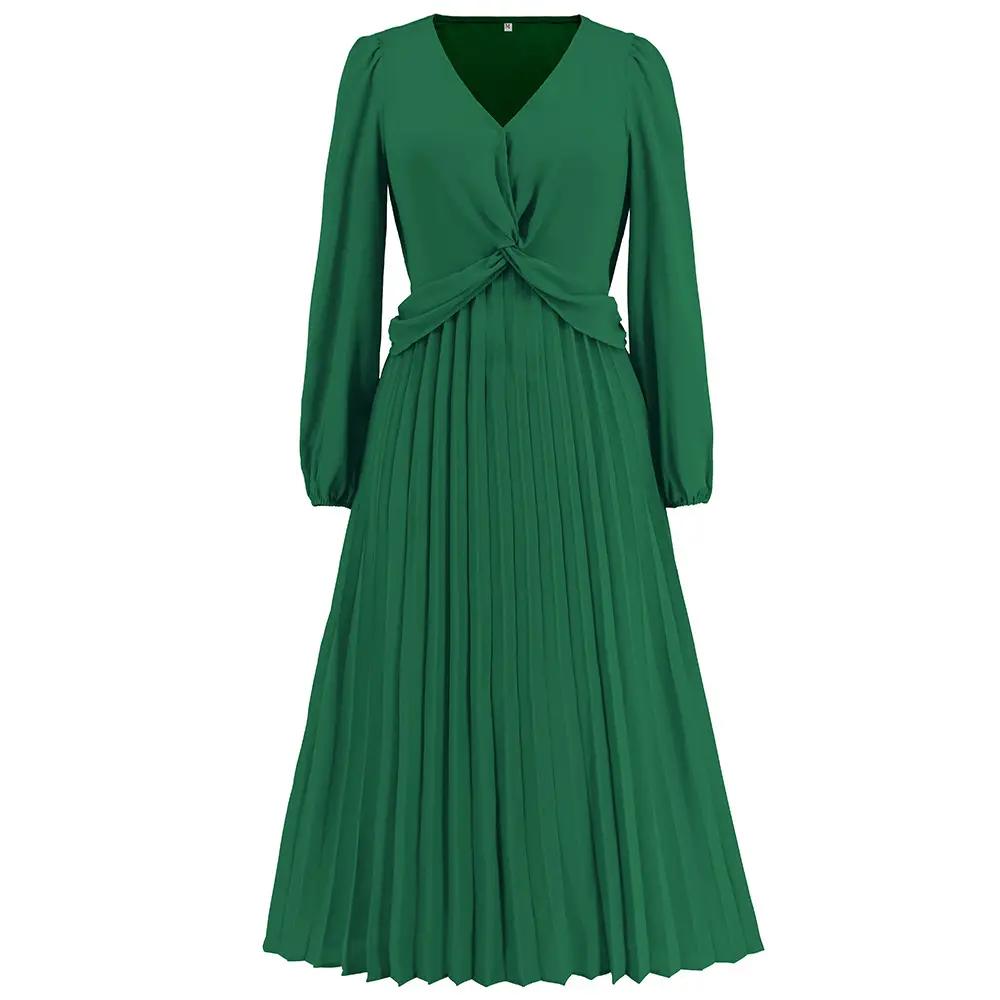 Women's Long Sleeve V-neck Slim-fit Pleated Dress