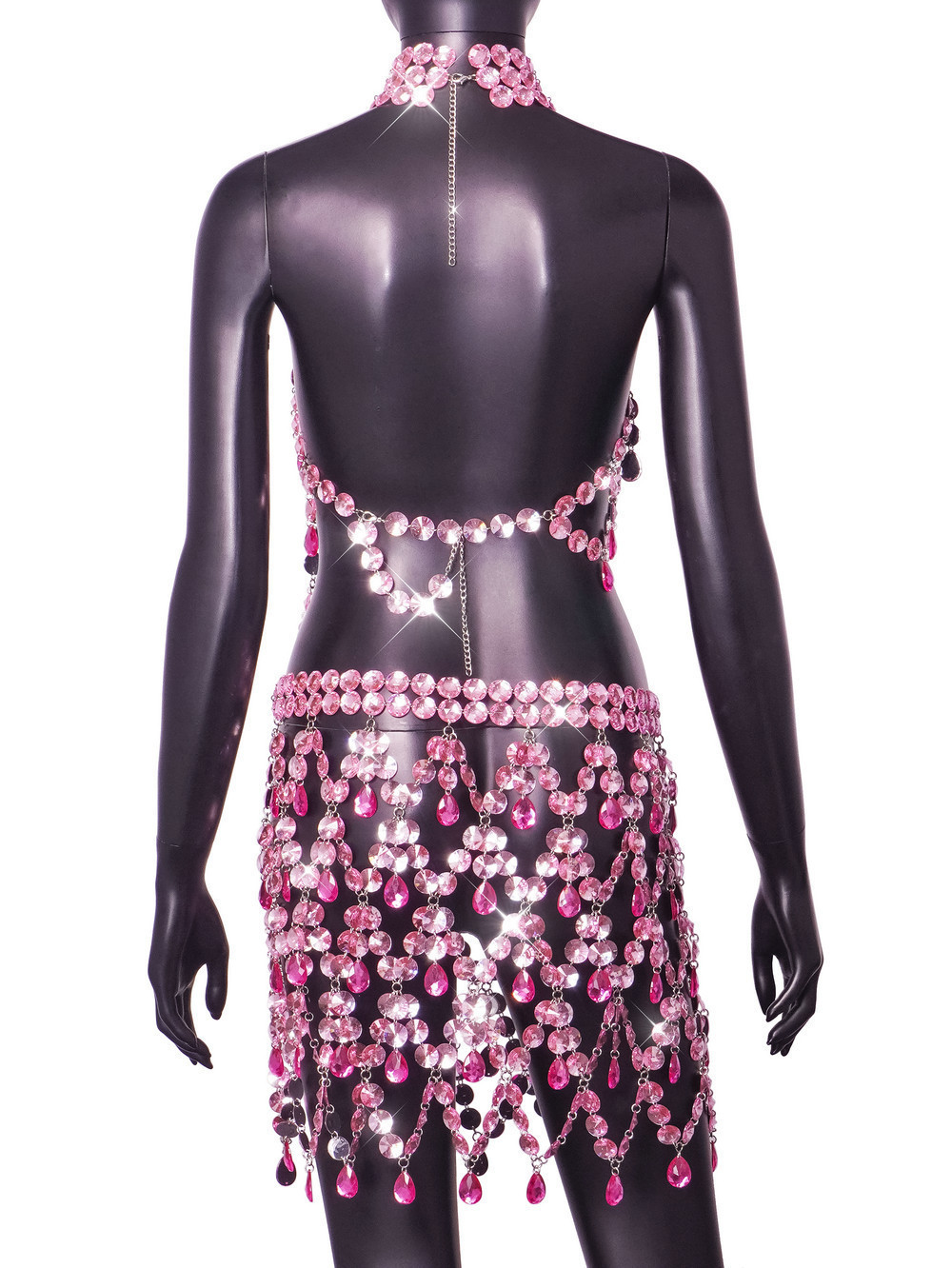 Women's Fashion Sweet And Spicy Halter Gem Stitching Hollow Out See-through Top And Skirt Two-piece Suit