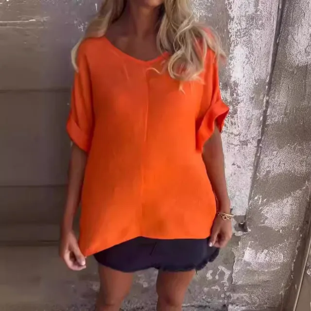 Women's Solid Color Versatile V neck Loose Fitting Shirt Orange - Shop at LoveMi