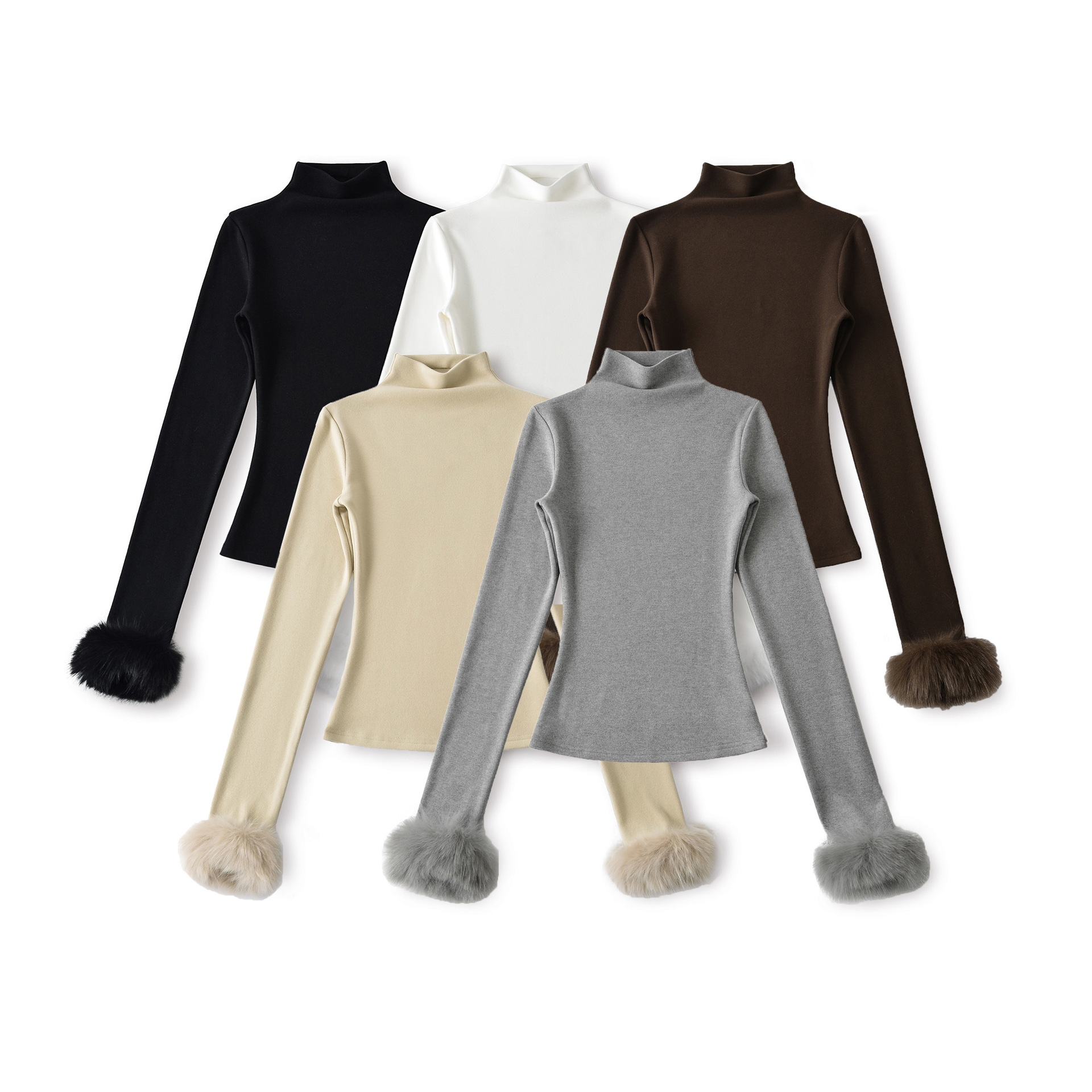 Winter Detachable Furry-sleeve Mock-neck Long-sleeve Pullover T-shirt