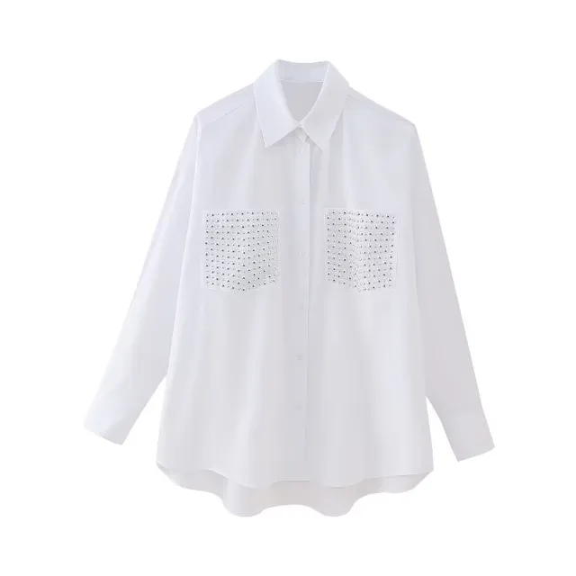 Street Trendy Rivet Ornament Loose Long Sleeve Shirt Women White - Shop at LoveMi