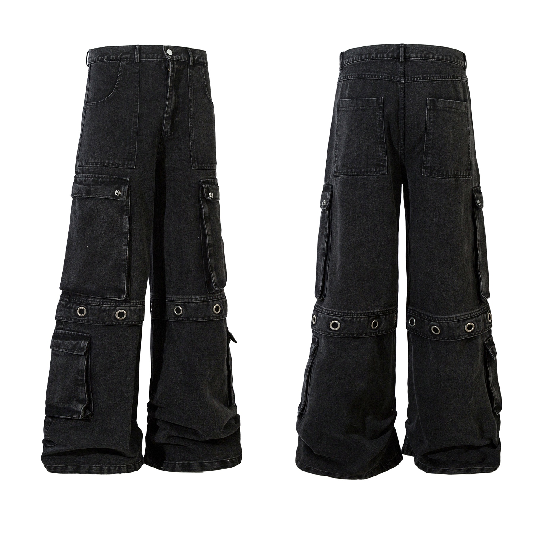 Heavy Industry Multi-splicing Metal Buckle Design Cross Leg Men's Denim Trousers