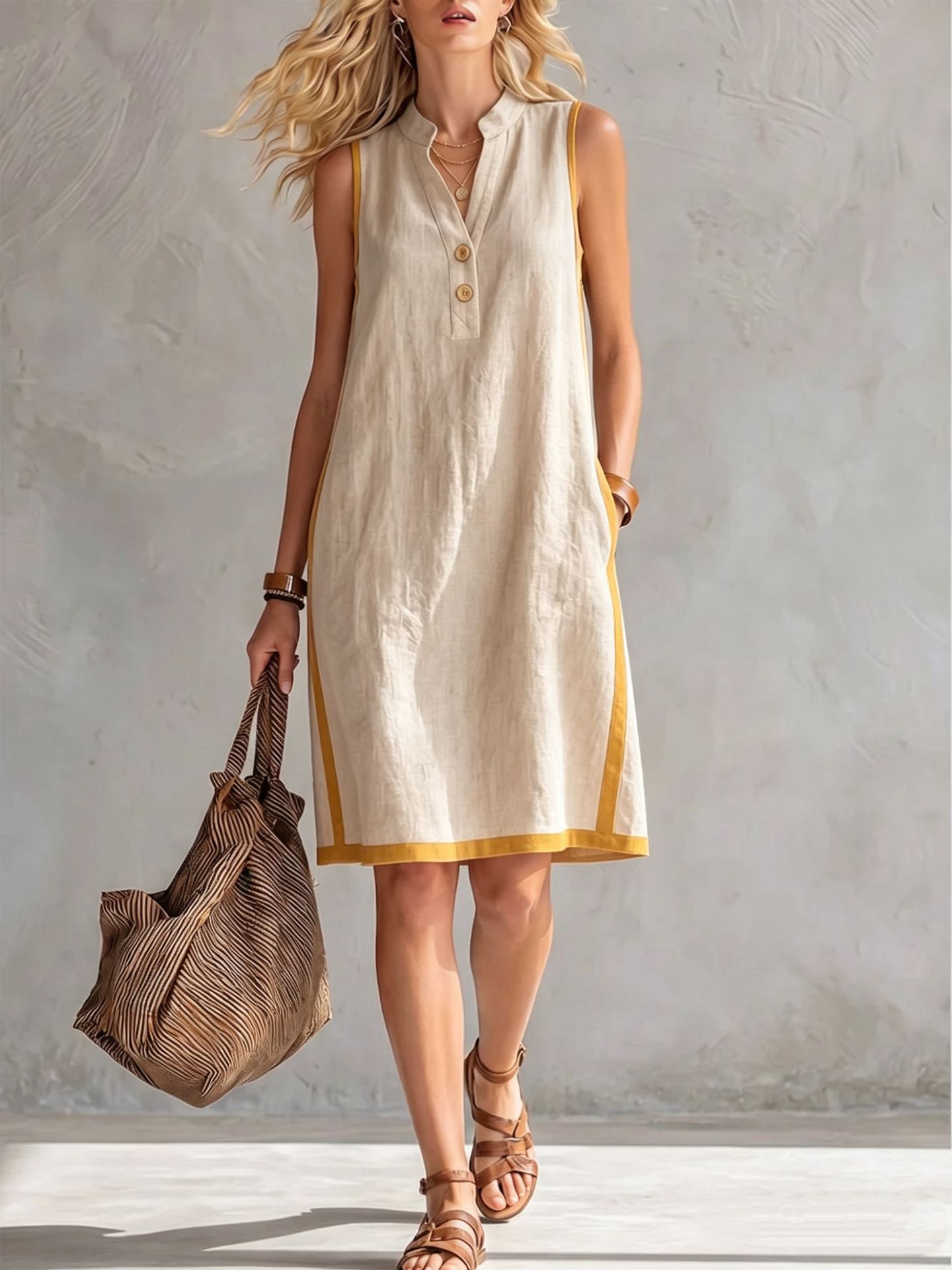Women's A-line midi dress in dark gray, full outfit view showing midi length