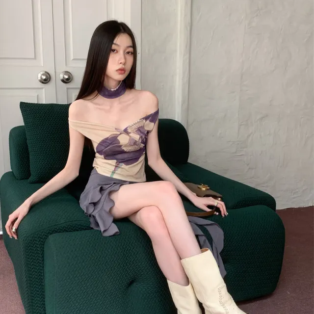 Flower de Luce Printed Stitching Mesh Off neck Short And Thin Top Printing S - Shop at LoveMi