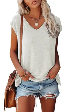 Women's Cap Sleeve V-neck Solid Colour Casual Loose-fitting T-shirt - White - View 1