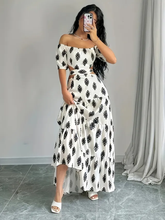 Womens Summer Printed Bandage Sexy A Line Off Shoulder Tube Dress White - Shop at LoveMi