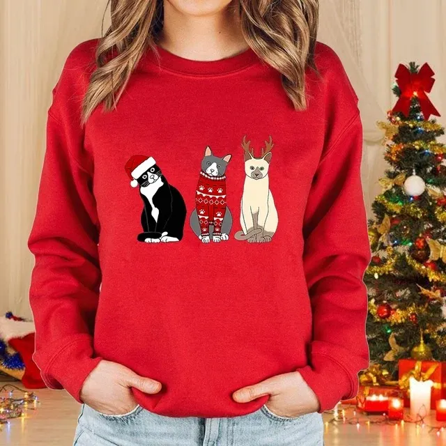 Lady Christmas Cat Round Neck Sweater Long Sleeve 6Style S - Shop at LoveMi