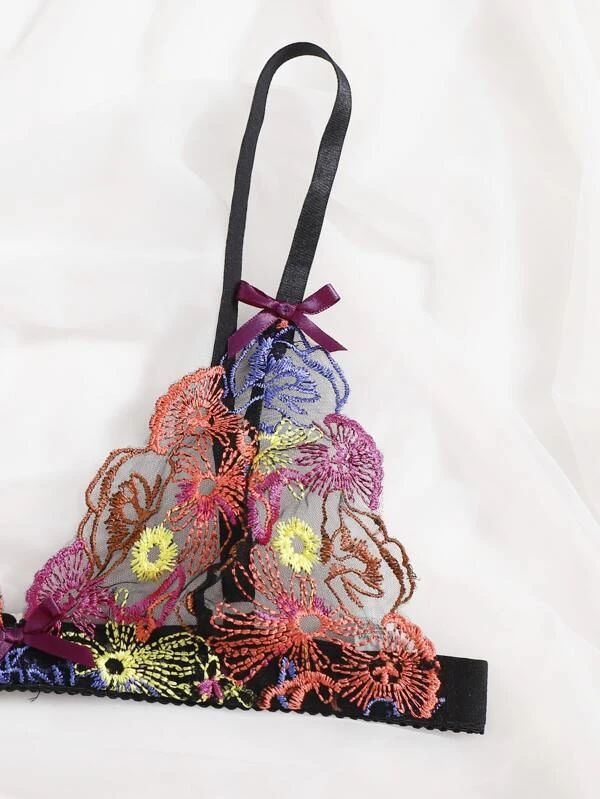 Sexy Womens Colorful Embroidered Three-Piece Lingerie Set