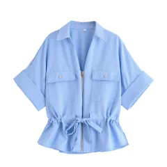 Blended Safari Shirt Wide Leg Trousers Suit - Top - View 1
