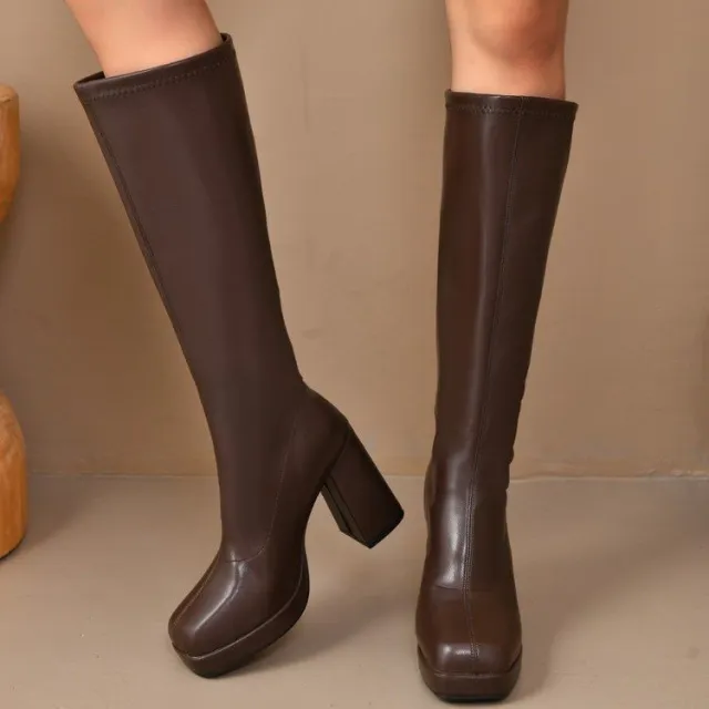 High Heel Small Chunky Heel Stretch Slimming Below The Knee Boots Brown - Shop at LoveMi