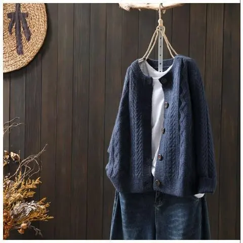 Loose All match Twist Woolen Knit Outer Wear Cardigan Retro Thickened Knitting Purplish Blue - Shop at LoveMi