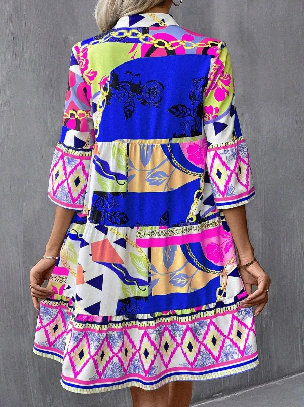 Pleated Sleeve Printed Flared Sleeve Ruffled Hem Dress