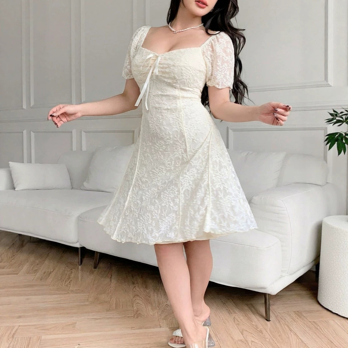 Womens Boat-neckline Waist-cinched Lace Dress