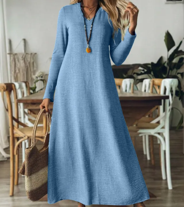 Loose Slim fit Solid Color Long Sleeve Maxi Dress Blue - Shop at LoveMi