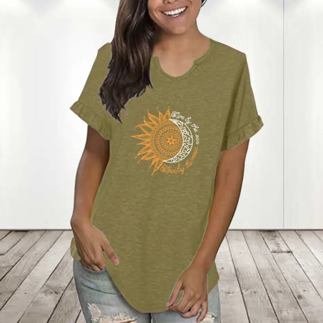 Round Neck Pleated Lace Personalized Printing Series Short Sleeve Green - Shop at LoveMi