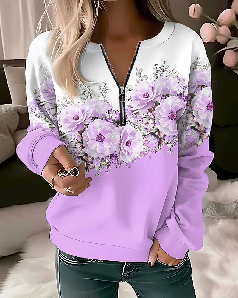 Women's Printed V-neck Long Sleeve Pullover Loose Sweater - Zis06-3Xl