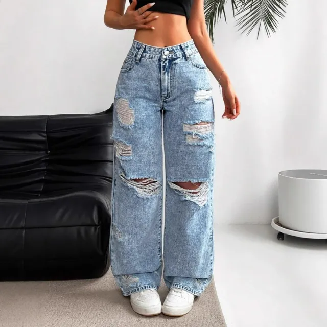 High waisted Straight Versatile Slim fit Women's Jeans Light Blue - Shop at LoveMi