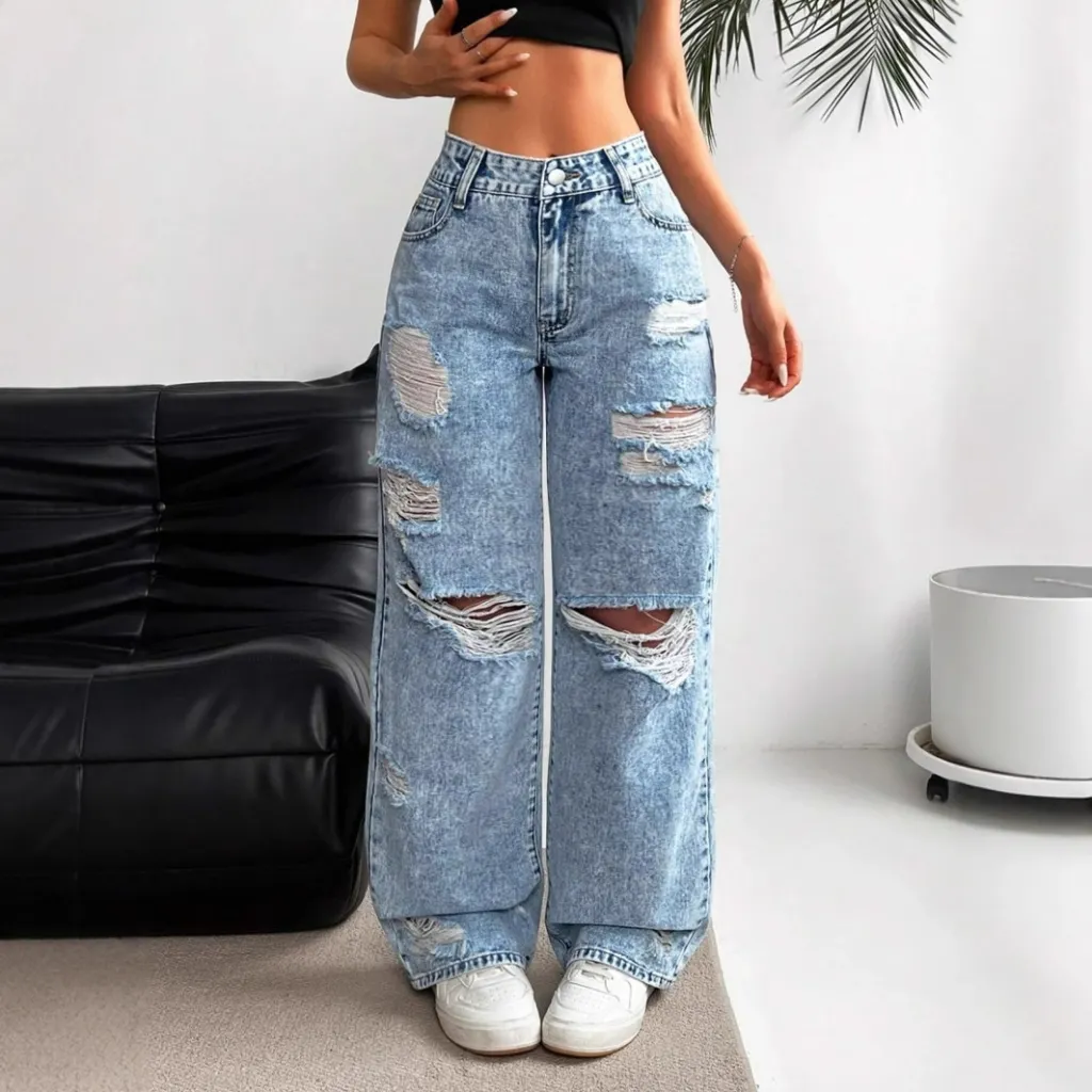 High-waisted Straight Versatile Slim-fit Women's Jeans - Light Blue