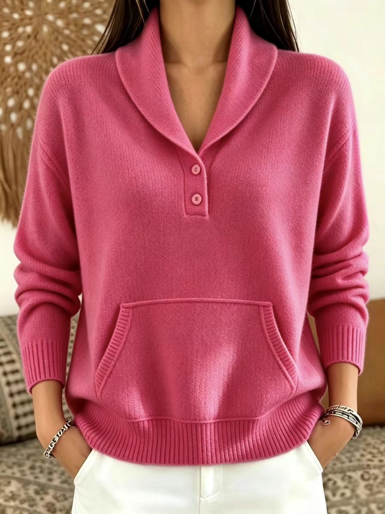 Suit Collar Button Kangaroo Pocket Sweater For Women 2