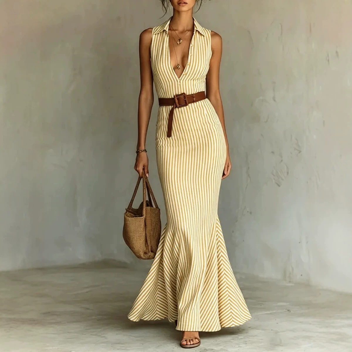 Elegant V-neck Dress With A Belt For Women
